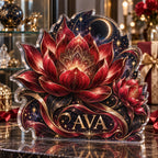 Personalized Red Lotus Mandala Collector Birthday Keepsake custom shape acrylic plaque with an example name set into the artwork, digital preview