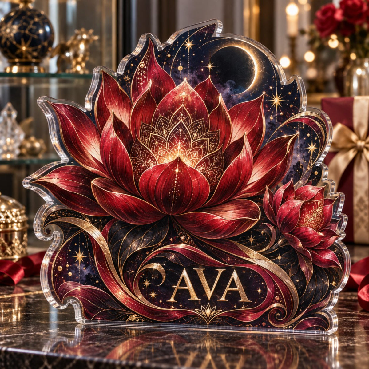 Personalized Red Lotus Mandala Collector Birthday Keepsake custom shape acrylic plaque with an example name set into the artwork, digital preview