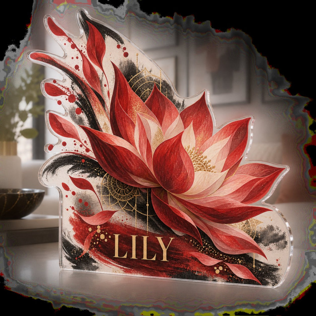 Personalized Red Lotus Mandala Apartment Gallery Wall custom shape acrylic plaque with an example name set into the artwork, digital preview