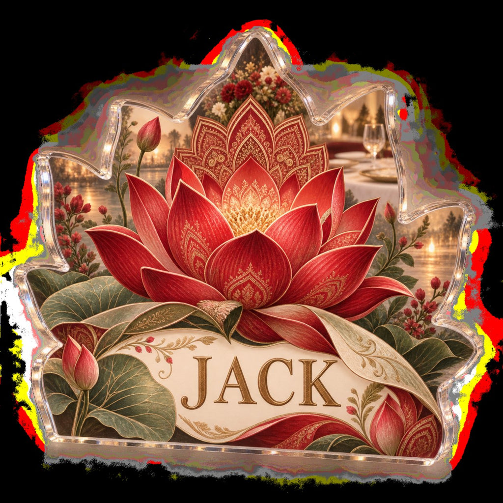 Personalized Red Lotus Mandala Host Thank You Gift custom shape acrylic plaque with an example name set into the artwork, digital preview