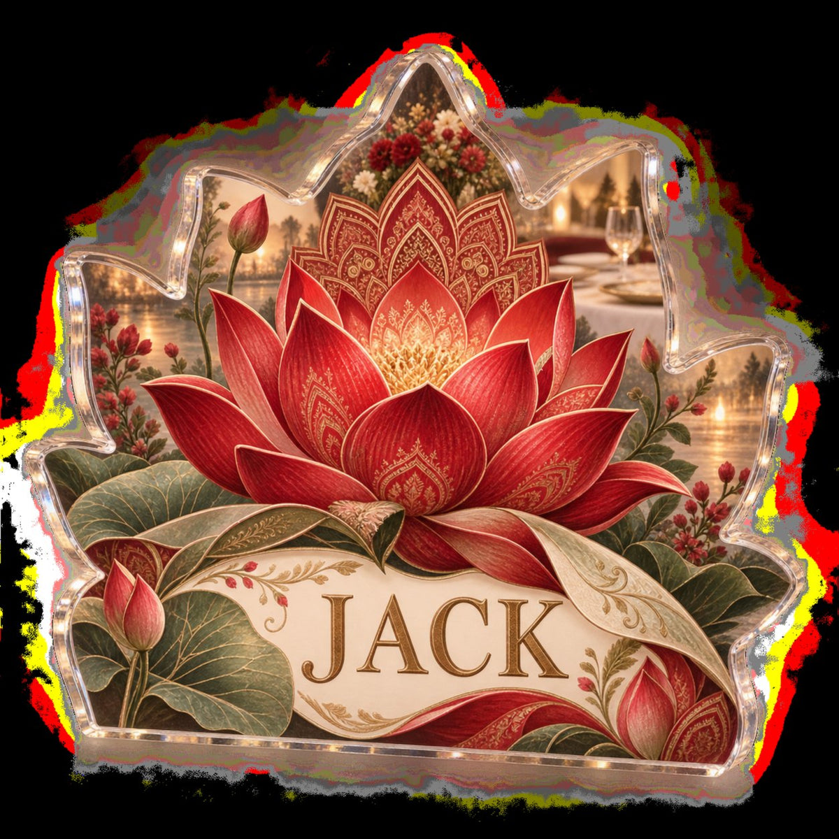 Personalized Red Lotus Mandala Host Thank You Gift custom shape acrylic plaque with an example name set into the artwork, digital preview