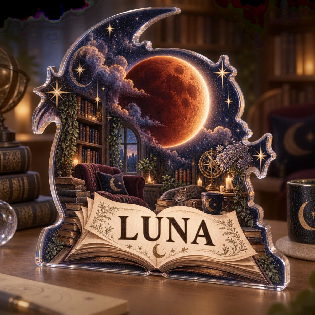 Personalized Lunar Eclipse Reading Nook Decor custom shape acrylic plaque with an example name set into the artwork, digital preview