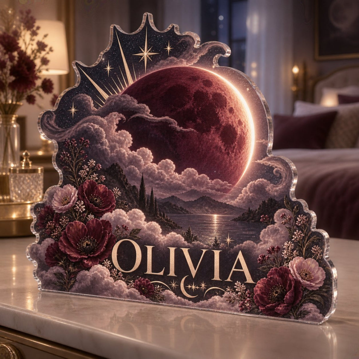 Personalized Lunar Eclipse Bedroom Statement Decor custom shape acrylic plaque with an example name set into the artwork, digital preview