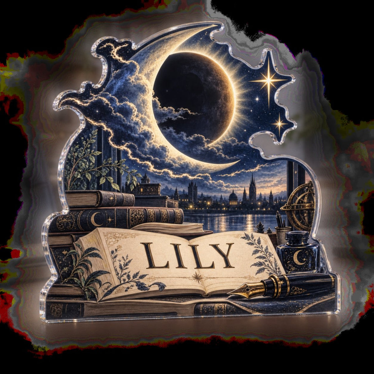 Personalized Lunar Eclipse Home Office Backdrop custom shape acrylic plaque with an example name set into the artwork, digital preview