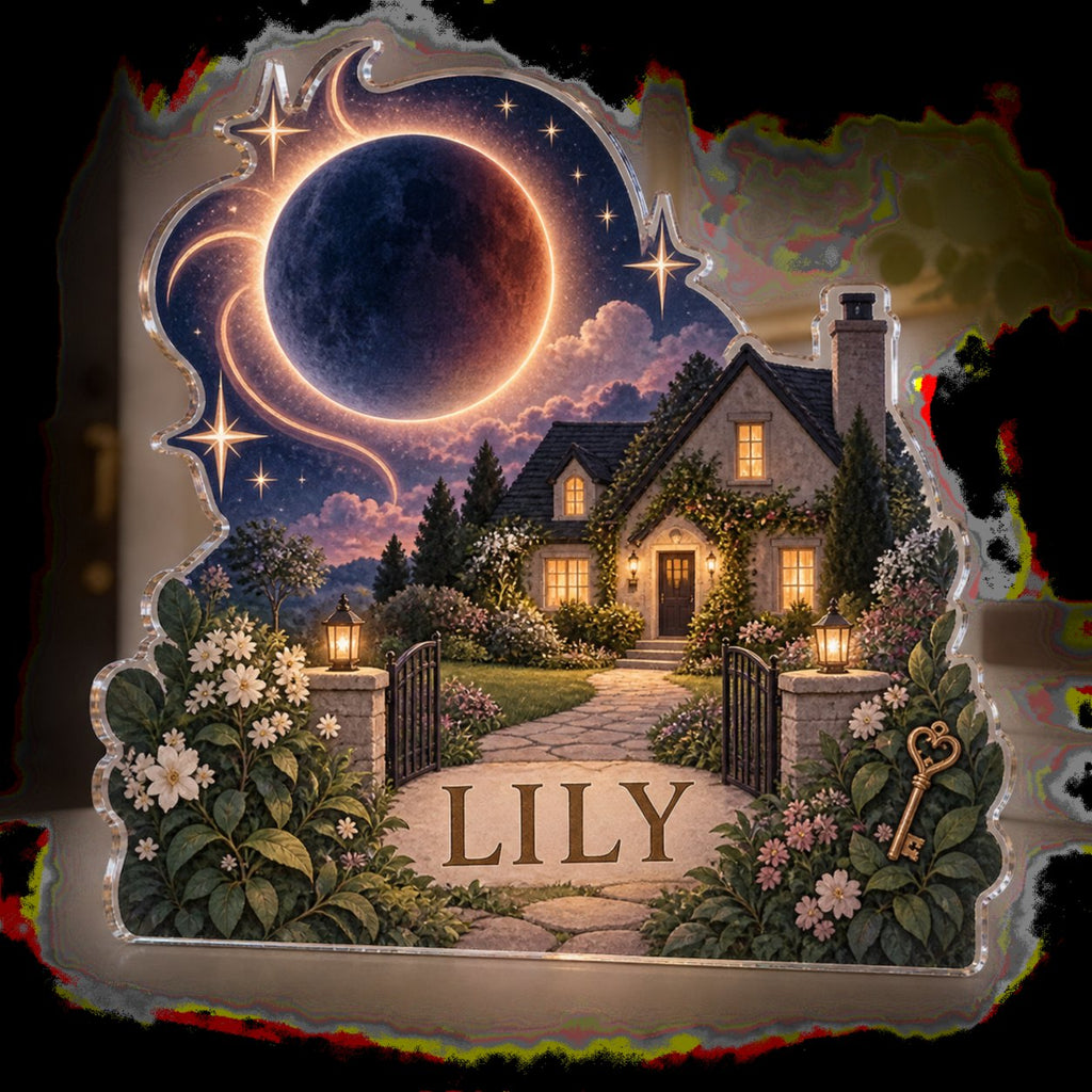 Personalized Lunar Eclipse Housewarming custom shape acrylic plaque with an example name set into the artwork, digital preview
