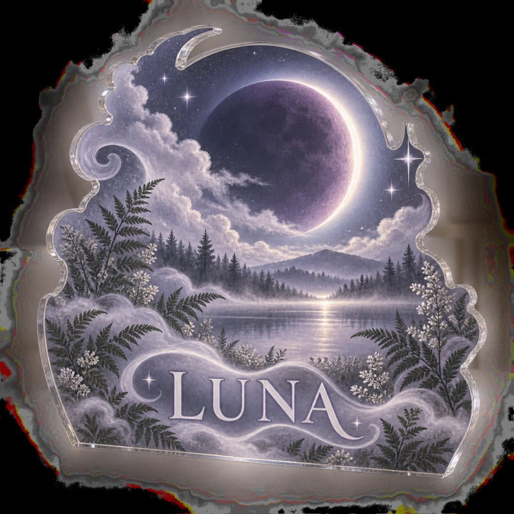 Personalized Lunar Eclipse Quiet Corner Decoration custom shape acrylic plaque with an example name set into the artwork, digital preview
