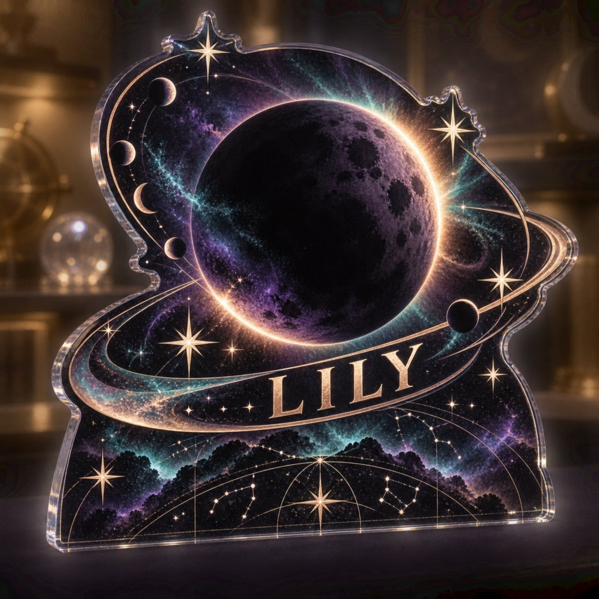 Personalized Lunar Eclipse Collector Birthday Keepsake custom shape acrylic plaque with an example name set into the artwork, digital preview
