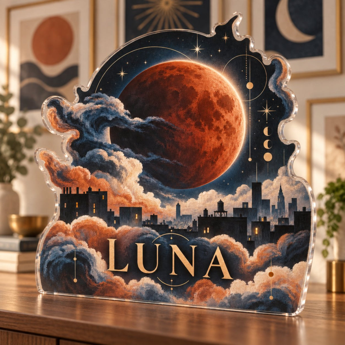 Personalized Lunar Eclipse Apartment Gallery Wall custom shape acrylic plaque with an example name set into the artwork, digital preview