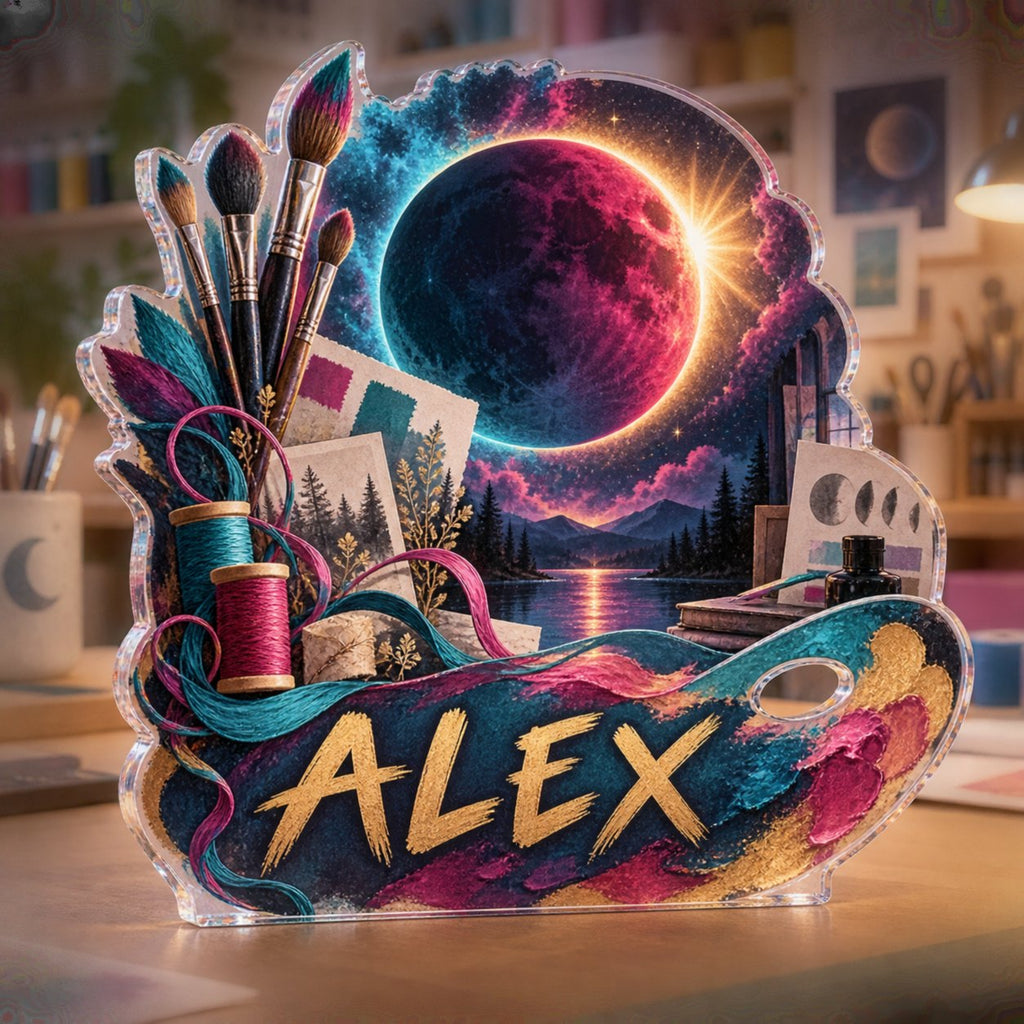 Personalized Lunar Eclipse Hobby Studio Identity custom shape acrylic plaque with an example name set into the artwork, digital preview