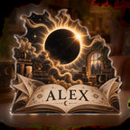 Personalized Solar Eclipse Reading Nook Decor custom shape acrylic plaque with an example name set into the artwork, digital preview