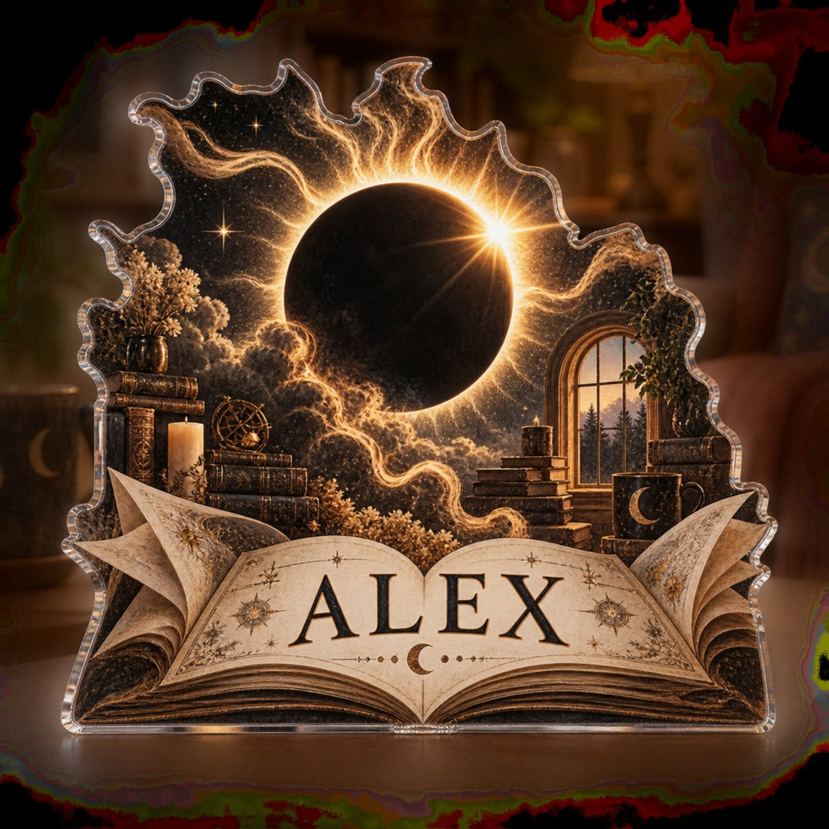 Personalized Solar Eclipse Reading Nook Decor custom shape acrylic plaque with an example name set into the artwork, digital preview
