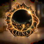 Artwork visualization: Solar eclipse — personalized housewarming, personalized LUNA, subject-shaped acrylic with printed optical 3D depth; not carved relief.
