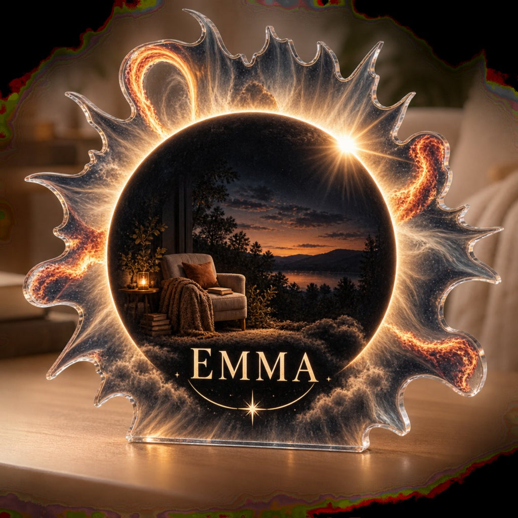 Artwork visualization: Solar eclipse — quiet corner decoration, personalized EMMA, subject-shaped acrylic with printed optical 3D depth; not carved relief.