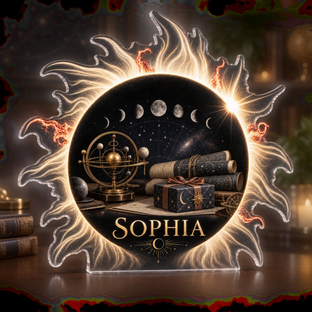 Artwork visualization: Solar eclipse — collector birthday keepsake, personalized SOPHIA, subject-shaped acrylic with printed optical 3D depth; not carved relief.