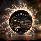 Artwork visualization: Solar eclipse — collector birthday keepsake, personalized SOPHIA, subject-shaped acrylic with printed optical 3D depth; not carved relief.