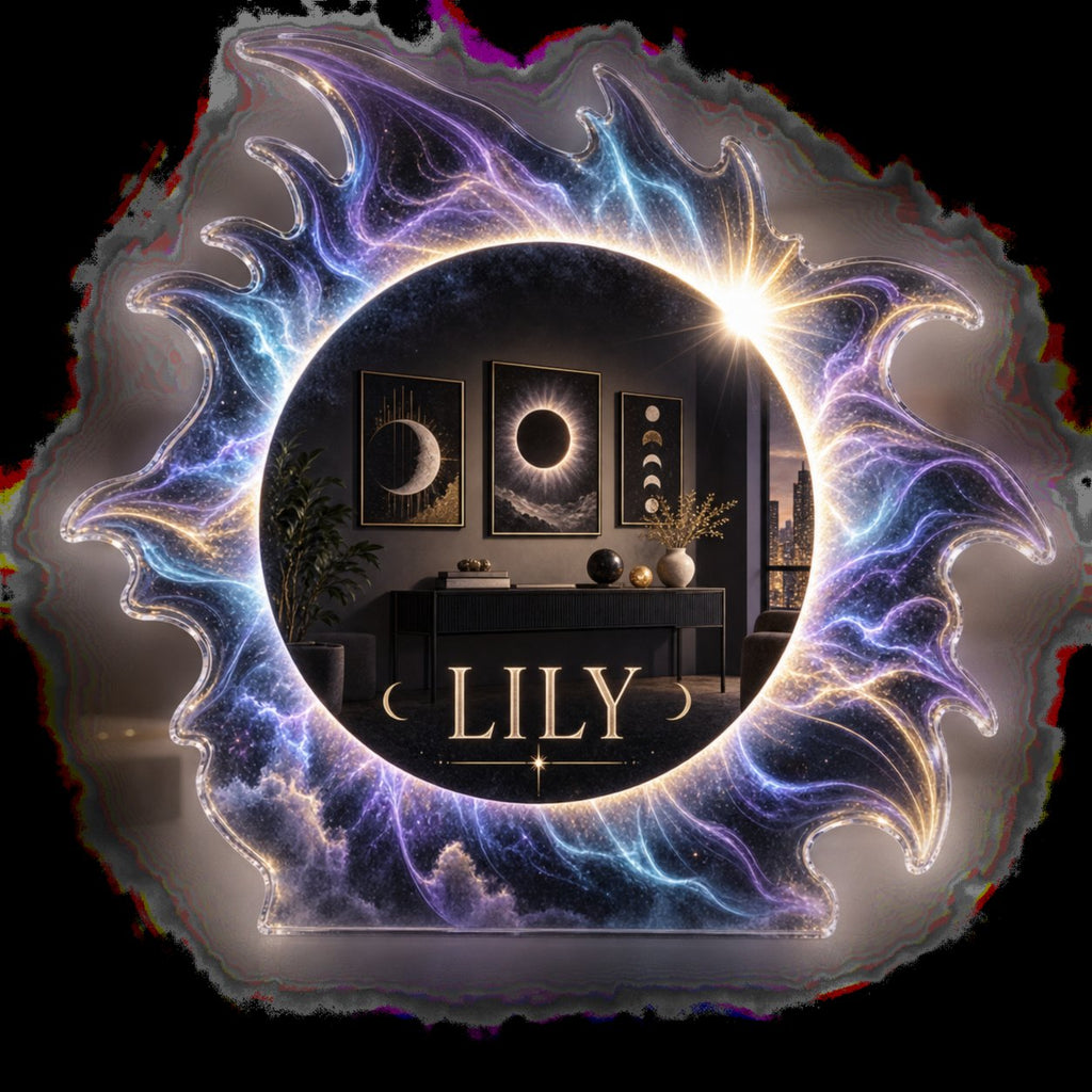 Artwork visualization: Solar eclipse — apartment gallery wall, personalized LILY, subject-shaped acrylic with printed optical 3D depth; not carved relief.