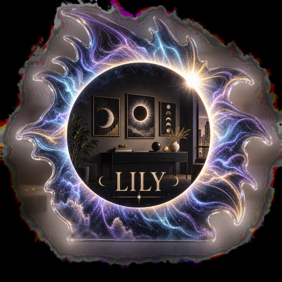 Artwork visualization: Solar eclipse — apartment gallery wall, personalized LILY, subject-shaped acrylic with printed optical 3D depth; not carved relief.