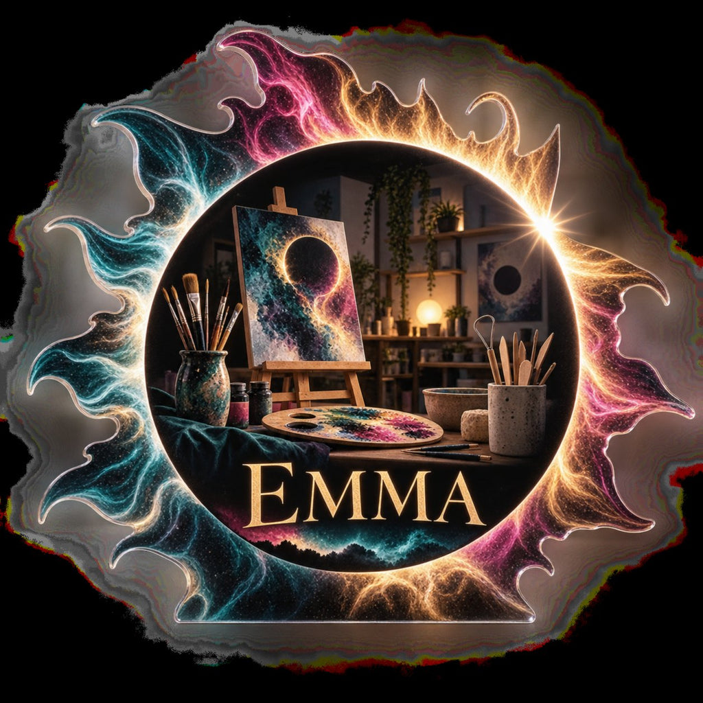 Artwork visualization: Solar eclipse — hobby studio identity, personalized EMMA, subject-shaped acrylic with printed optical 3D depth; not carved relief.