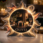 Artwork visualization: Solar eclipse — host thank you gift, personalized OLIVIA, subject-shaped acrylic with printed optical 3D depth; not carved relief.