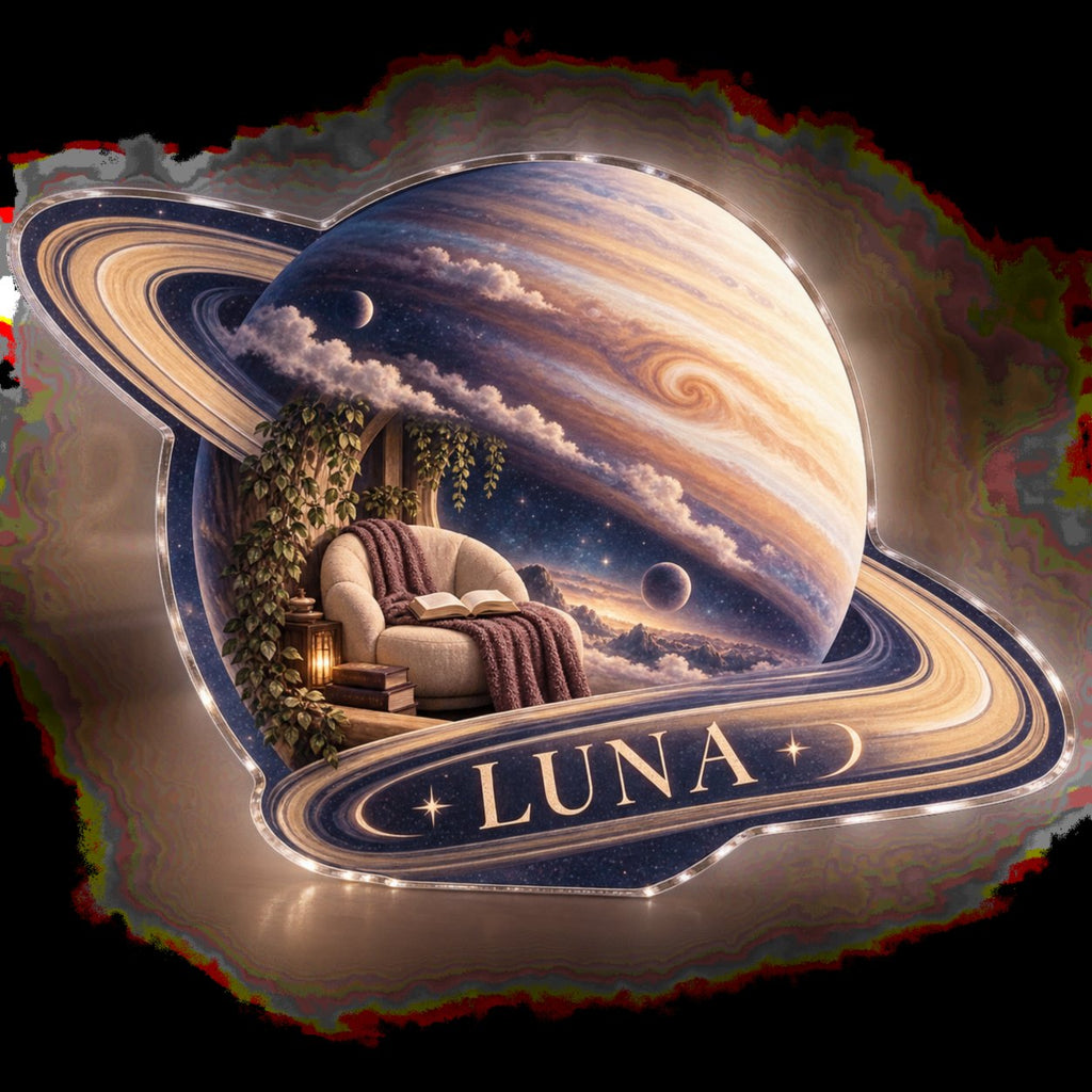 Artwork visualization: Ringed planet — reading nook decor, personalized LUNA, subject-shaped acrylic with printed optical 3D depth; not carved relief.