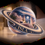 Artwork visualization: Ringed planet — bedroom statement decor, personalized ISLA, subject-shaped acrylic with printed optical 3D depth; not carved relief.
