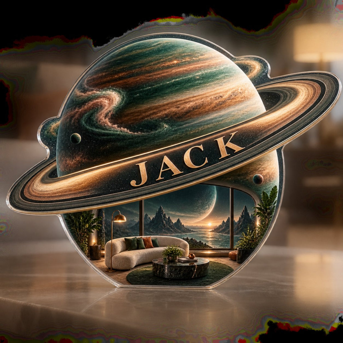 Artwork visualization: Ringed planet — living room focal point, personalized JACK, subject-shaped acrylic with printed optical 3D depth; not carved relief.