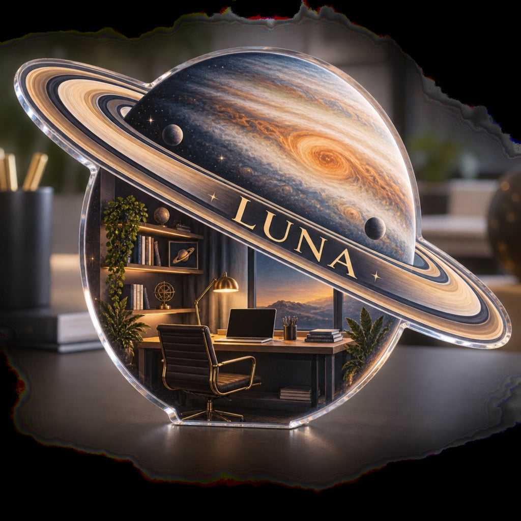 Artwork visualization: Ringed planet — home office backdrop, personalized LUNA, subject-shaped acrylic with printed optical 3D depth; not carved relief.