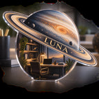 Artwork visualization: Ringed planet — home office backdrop, personalized LUNA, subject-shaped acrylic with printed optical 3D depth; not carved relief.
