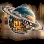 Artwork visualization: Ringed planet — personalized housewarming, personalized JACK, subject-shaped acrylic with printed optical 3D depth; not carved relief.