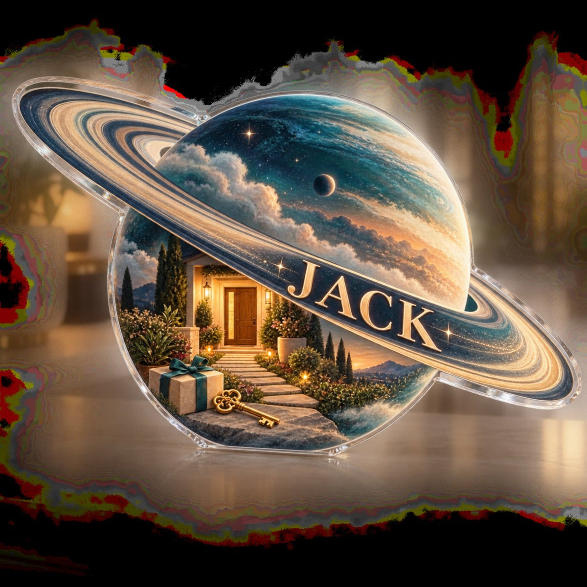 Artwork visualization: Ringed planet — personalized housewarming, personalized JACK, subject-shaped acrylic with printed optical 3D depth; not carved relief.