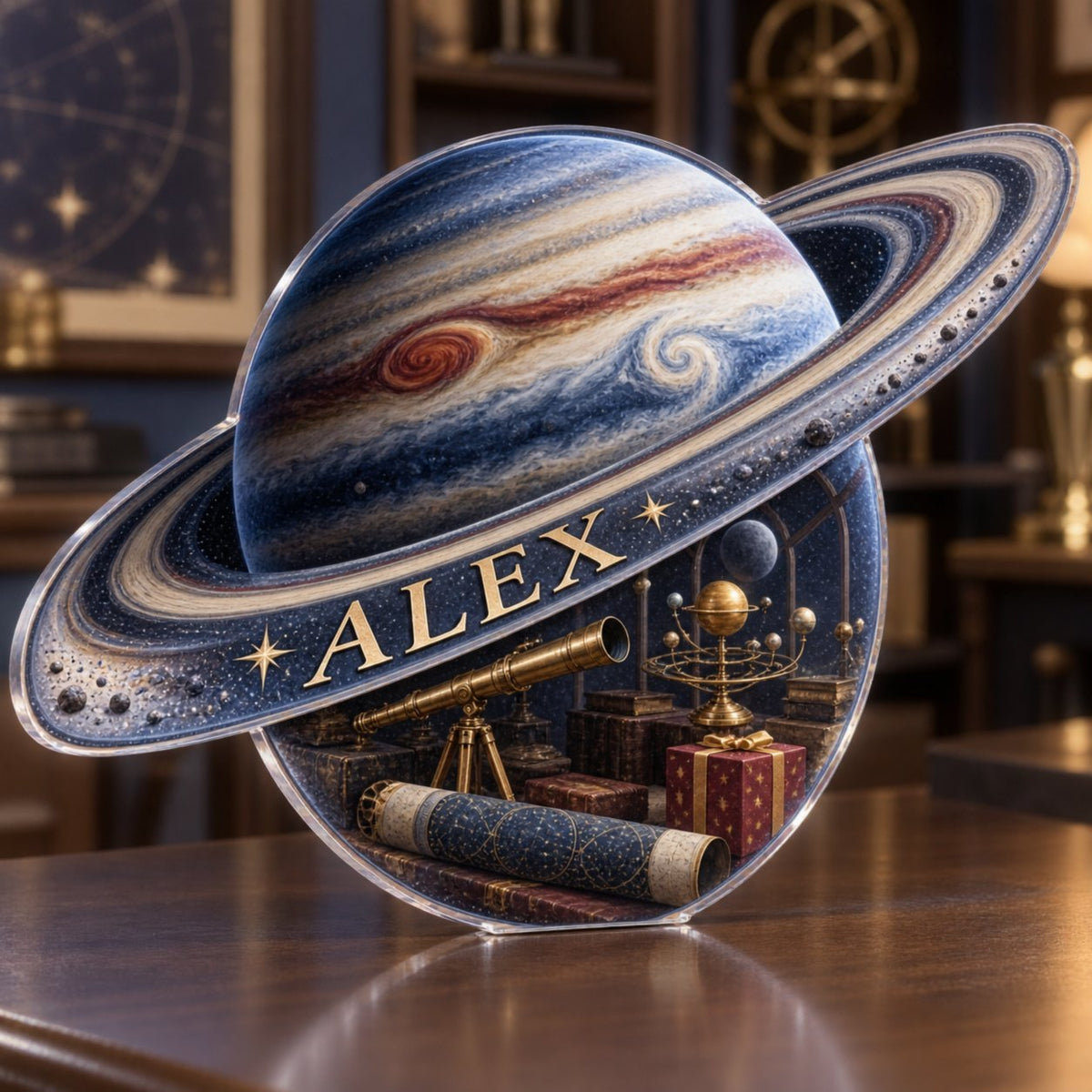 Personalized Ringed Planet Collector Birthday Keepsake custom shape acrylic plaque with an example name set into the artwork, digital preview