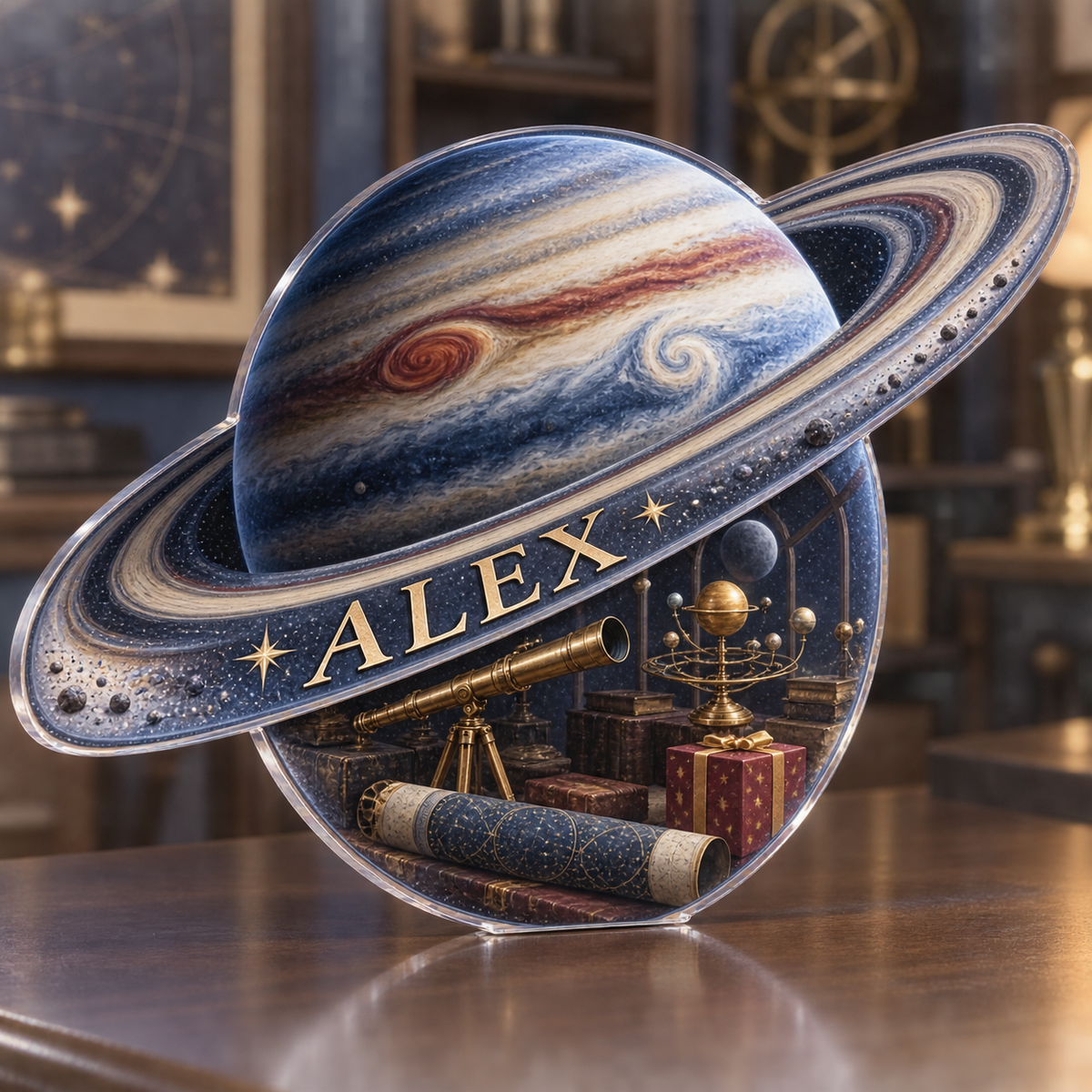 Artwork visualization: Ringed planet — collector birthday keepsake, personalized ALEX, subject-shaped acrylic with printed optical 3D depth; not carved relief.
