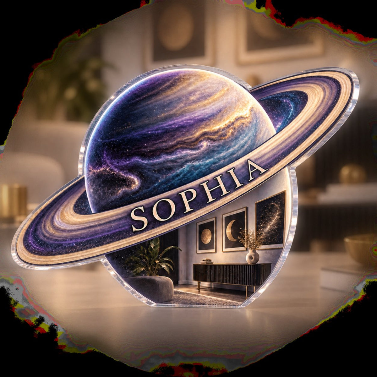 Personalized Ringed Planet Apartment Gallery Wall custom shape acrylic plaque with an example name set into the artwork, digital preview