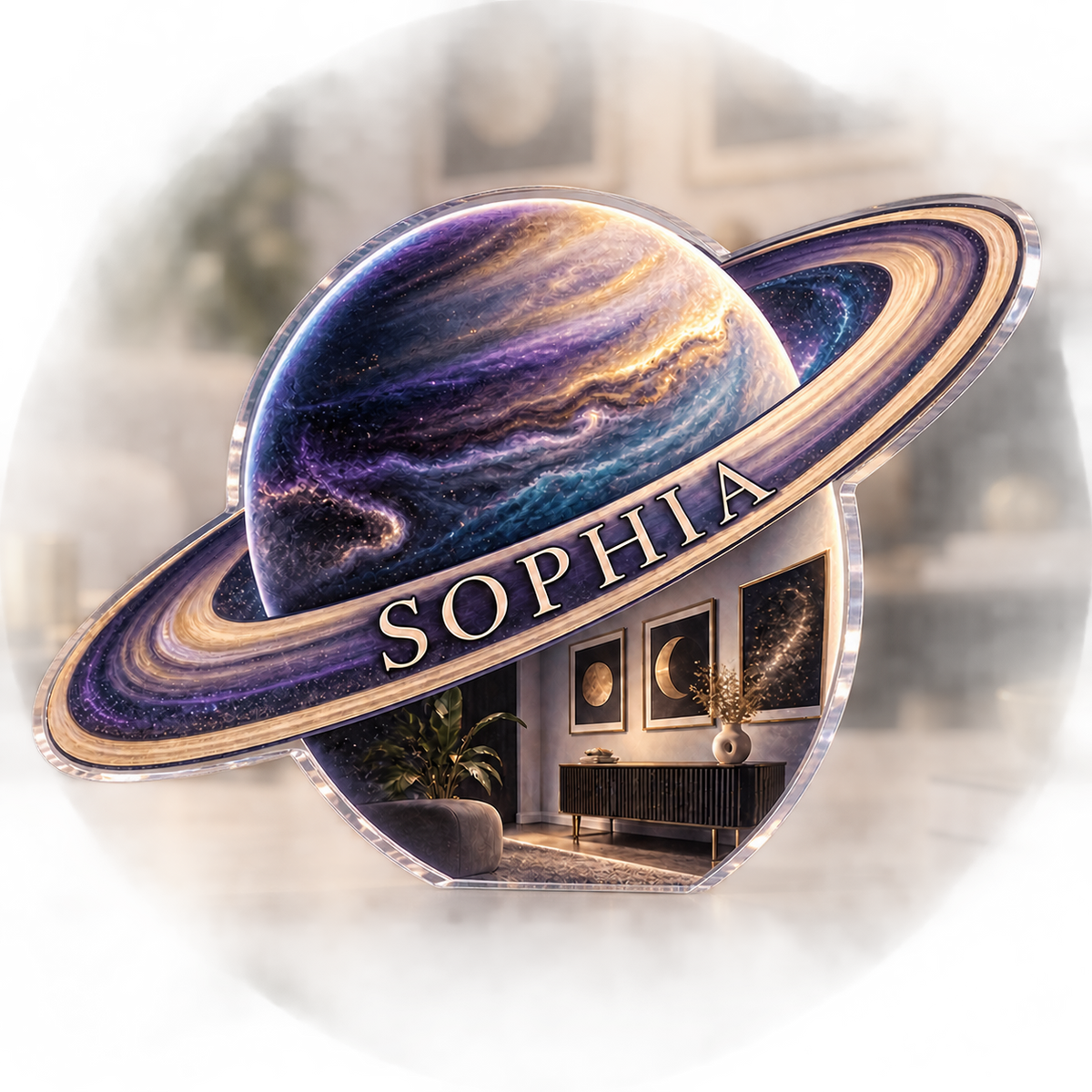 Artwork visualization: Ringed planet — apartment gallery wall, personalized SOPHIA, subject-shaped acrylic with printed optical 3D depth; not carved relief.