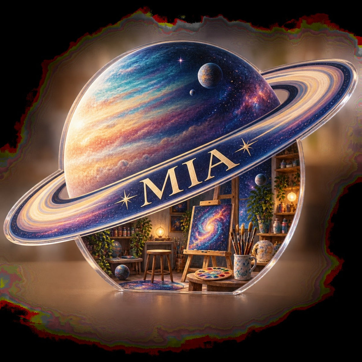 Personalized Ringed Planet Hobby Studio Identity custom shape acrylic plaque with an example name set into the artwork, digital preview