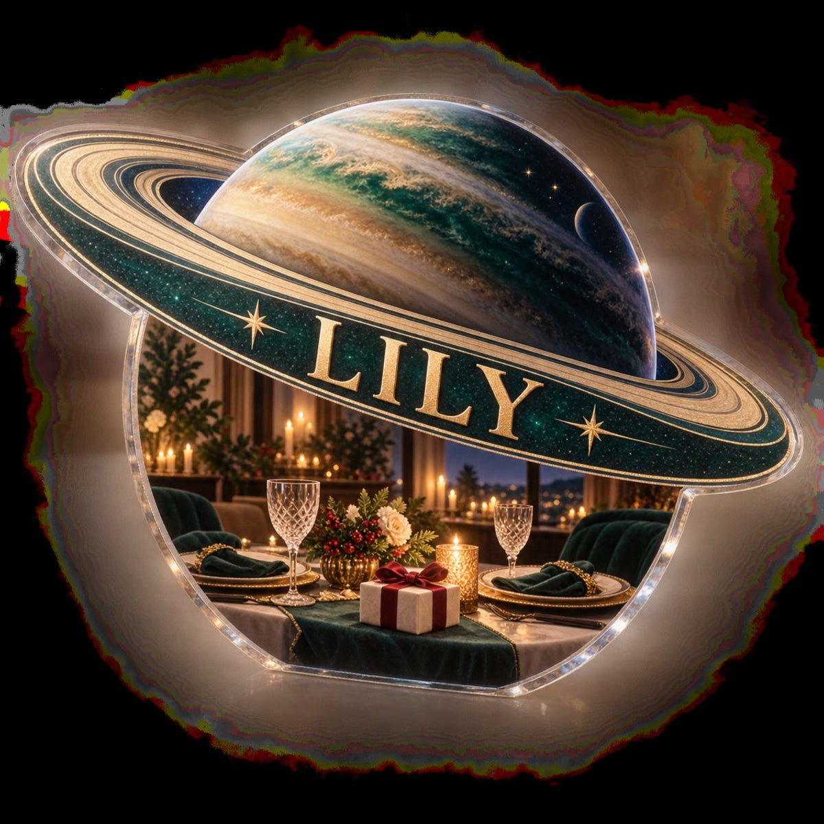 Personalized Ringed Planet Host Thank You Gift custom shape acrylic plaque with an example name set into the artwork, digital preview