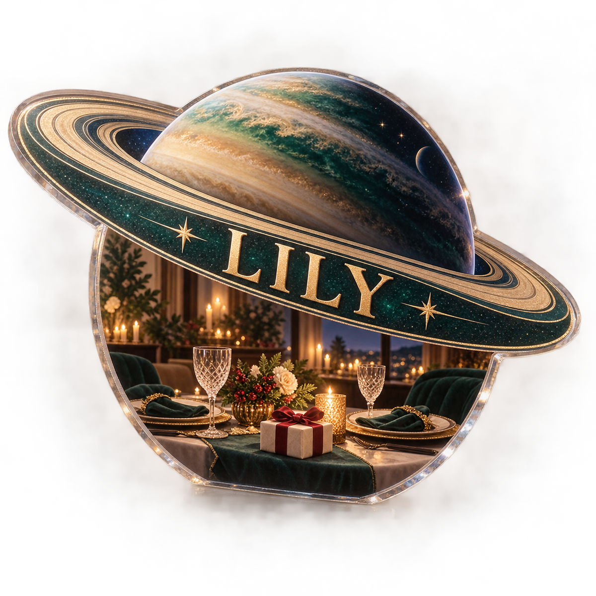 Artwork visualization: Ringed planet — host thank you gift, personalized LILY, subject-shaped acrylic with printed optical 3D depth; not carved relief.