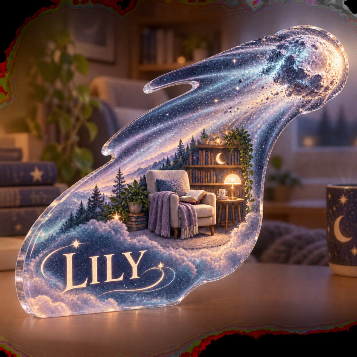 Personalized Comet Trail Reading Nook Decor custom shape acrylic plaque with an example name set into the artwork, digital preview
