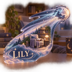 Artwork visualization: Comet trail — reading nook decor, personalized LILY, subject-shaped acrylic with printed optical 3D depth; not carved relief.