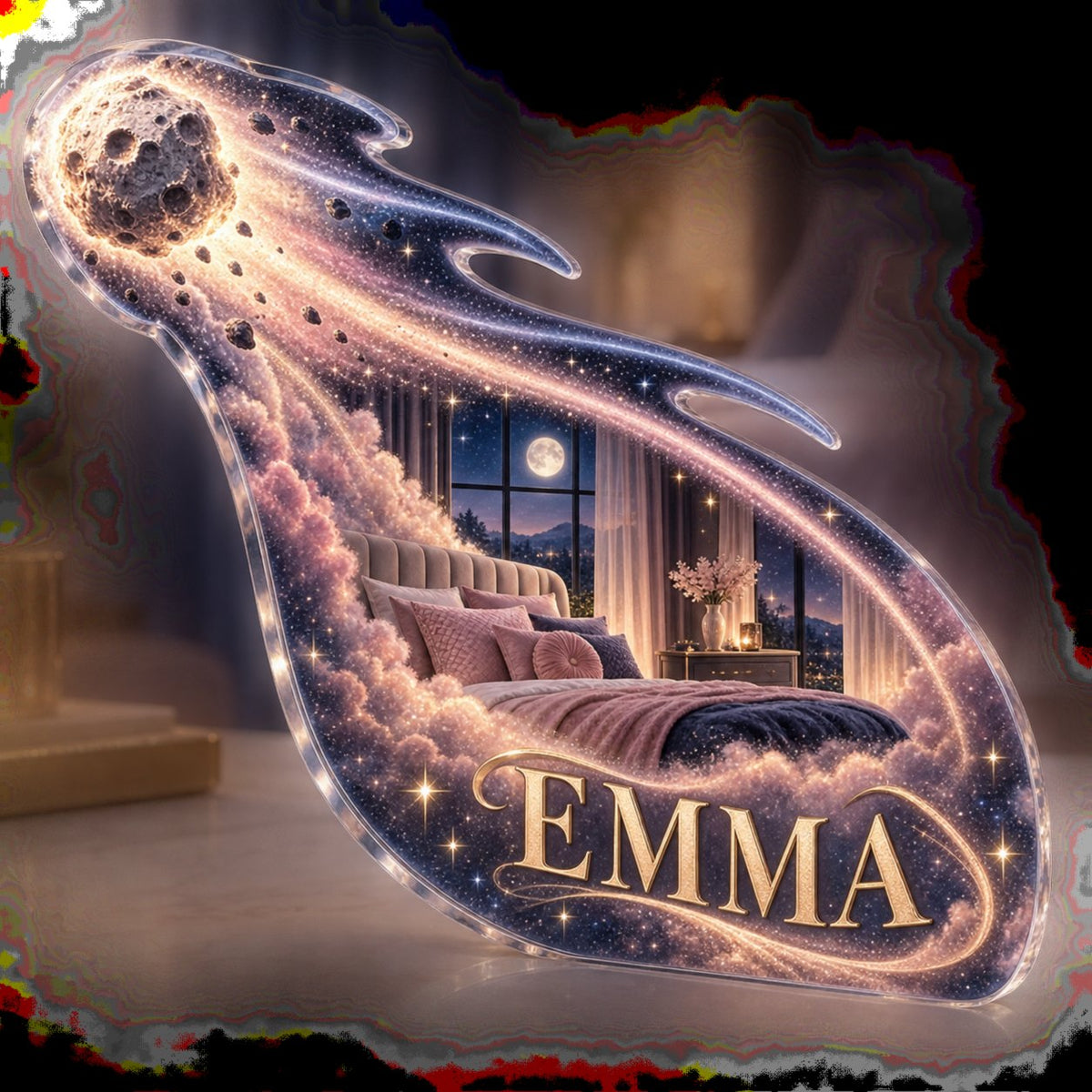 Personalized Comet Trail Bedroom Statement Decor custom shape acrylic plaque with an example name set into the artwork, digital preview