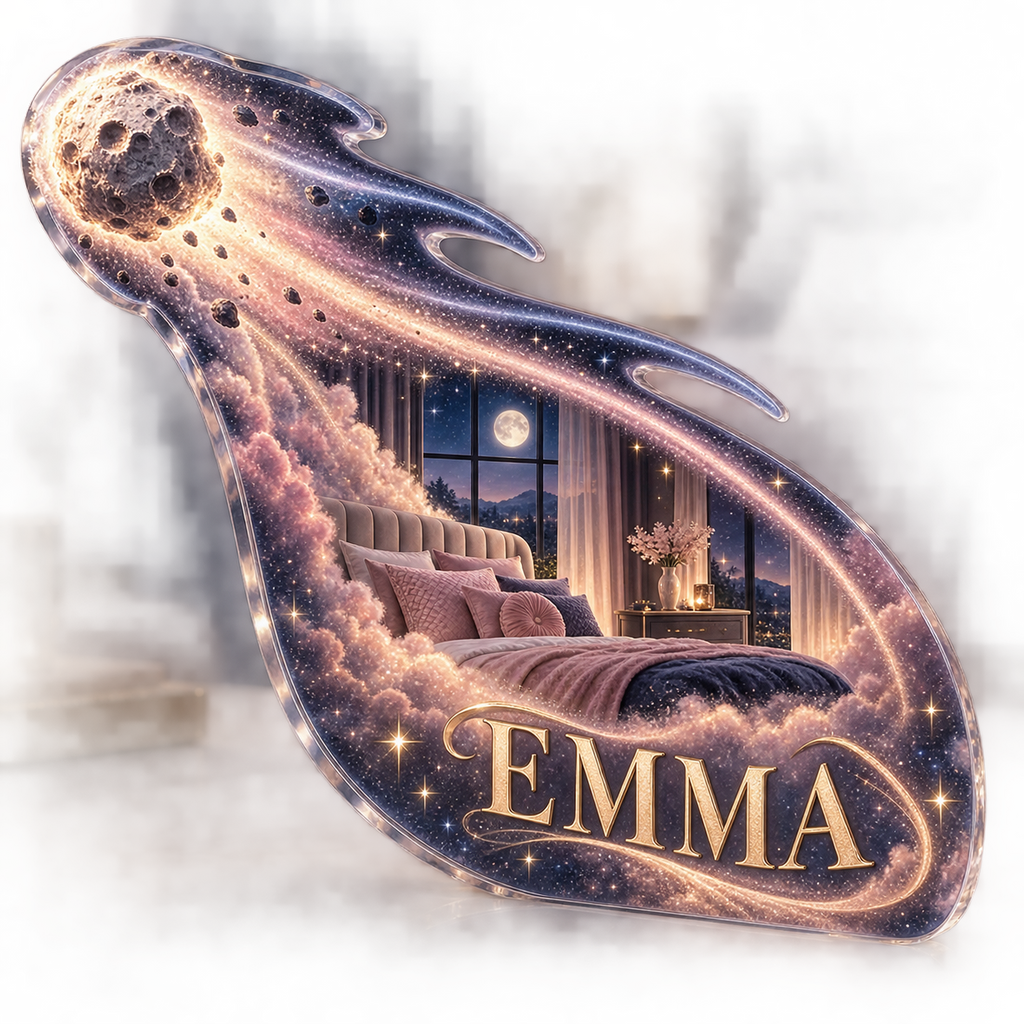 Artwork visualization: Comet trail — bedroom statement decor, personalized EMMA, subject-shaped acrylic with printed optical 3D depth; not carved relief.