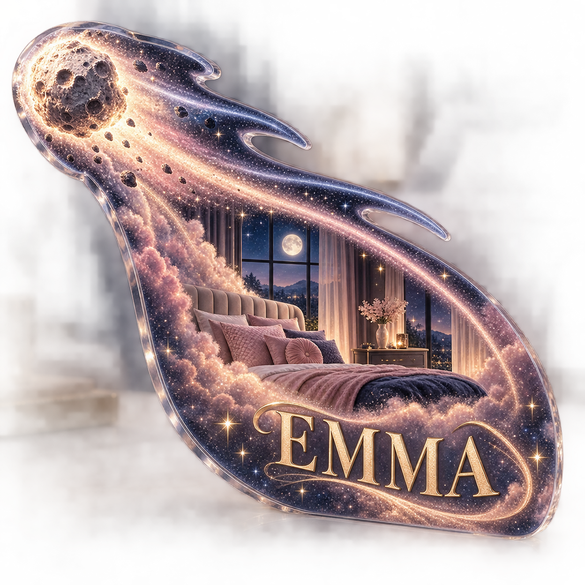 Artwork visualization: Comet trail — bedroom statement decor, personalized EMMA, subject-shaped acrylic with printed optical 3D depth; not carved relief.