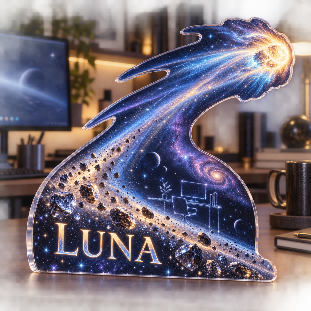 Artwork visualization: Comet trail — home office backdrop, personalized LUNA, subject-shaped acrylic with printed optical 3D depth; not carved relief.