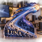 Artwork visualization: Comet trail — home office backdrop, personalized LUNA, subject-shaped acrylic with printed optical 3D depth; not carved relief.