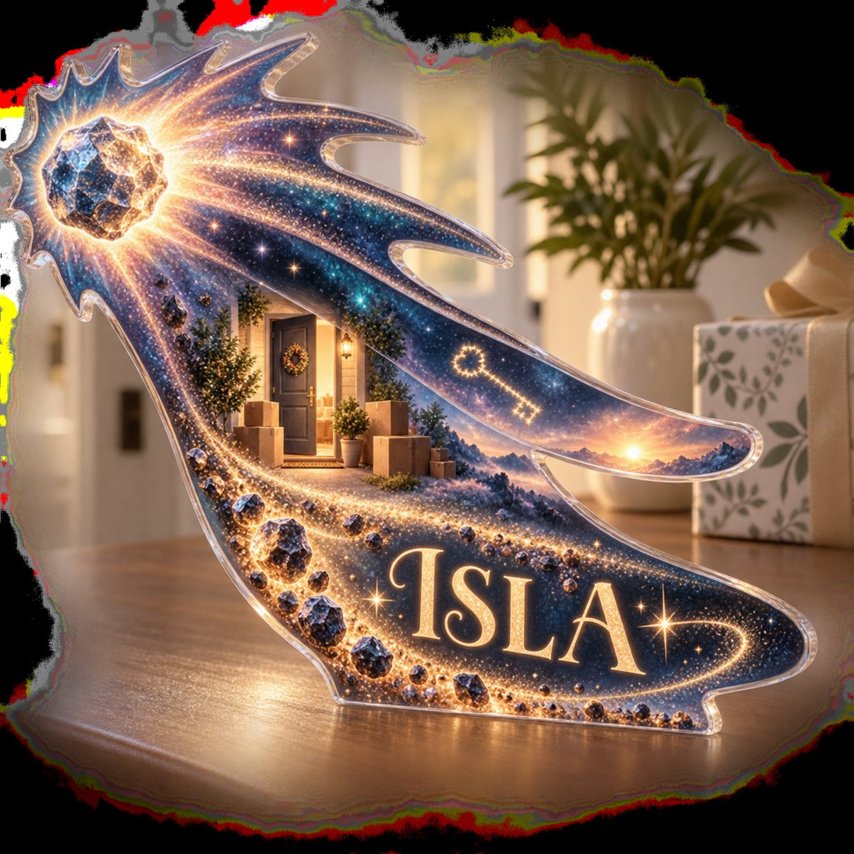 Personalized Comet Trail Housewarming custom shape acrylic plaque with an example name set into the artwork, digital preview