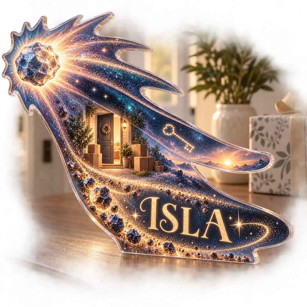 Artwork visualization: Comet trail — personalized housewarming, personalized ISLA, subject-shaped acrylic with printed optical 3D depth; not carved relief.