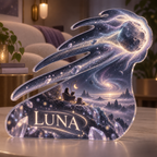 Artwork visualization: Comet trail — quiet corner decoration, personalized LUNA, subject-shaped acrylic with printed optical 3D depth; not carved relief.