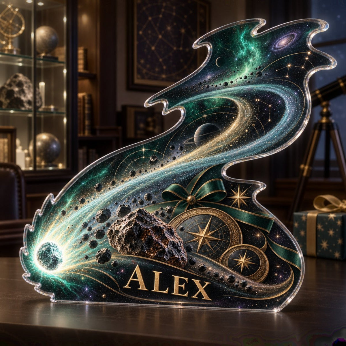 Personalized Comet Trail Collector Birthday Keepsake custom shape acrylic plaque with an example name set into the artwork, digital preview