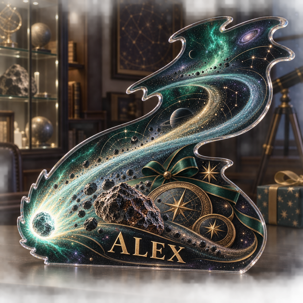 Artwork visualization: Comet trail — collector birthday keepsake, personalized ALEX, subject-shaped acrylic with printed optical 3D depth; not carved relief.