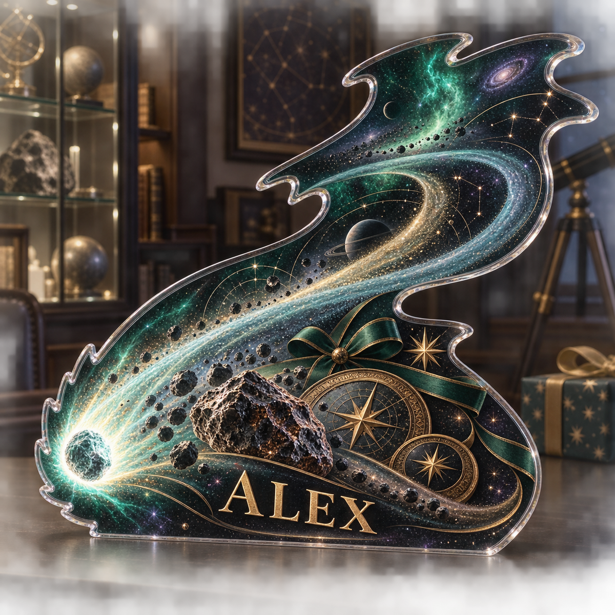 Artwork visualization: Comet trail — collector birthday keepsake, personalized ALEX, subject-shaped acrylic with printed optical 3D depth; not carved relief.